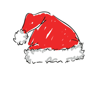 Hand drawn Christmas Santa red hat vector illustration, isolated white background