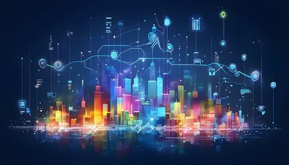 Obraz premium futuristic city skyline made of holographic blocks and digital particles, with abstract data connections