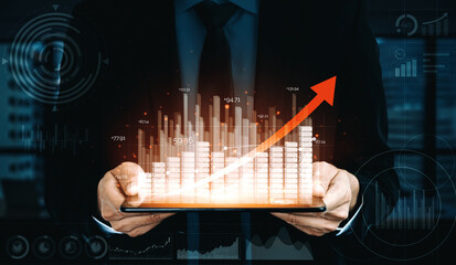 Double Exposure Image of Business and Finance - Businessman with report chart up forward to...