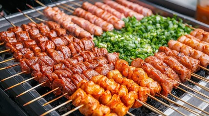 Grilled Skewers of Meat and Sausage on a Charcoal Grill