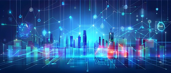 Naklejka premium futuristic city skyline made of holographic blocks and digital particles, with abstract data connections