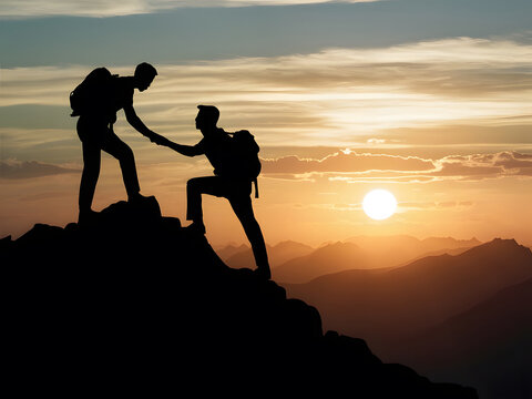 Dos hombres ayud&aacute;ndose mutuamente a escalar la cima de una monta&ntilde;a
