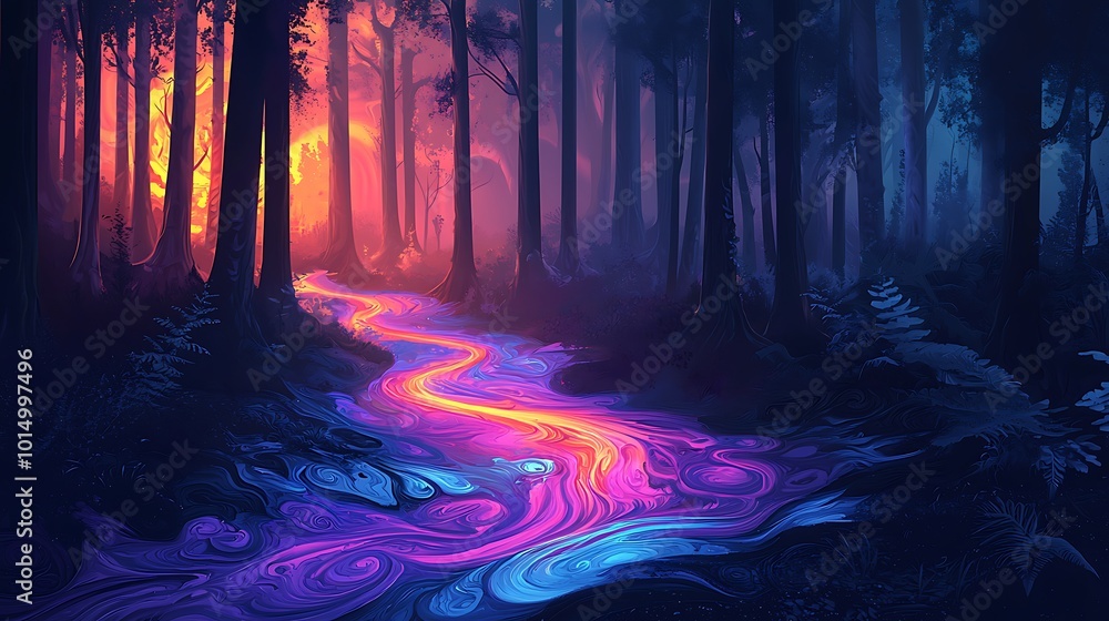 Poster magical forest stream with vibrant colors and abstract pattern