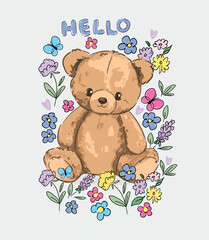 Cute teddy bear and little flowers vector hand drawn illustration cute print design for kids 