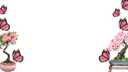 Sakura, Cherry blossom  bonsai, Ixora,  West Indian Jasmine Bonsai, horizontal frame, watercolor painting hand-drawn