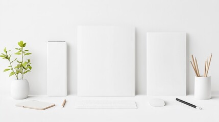 Fototapeta premium Minimalist Workspace with Blank Canvas and Greenery