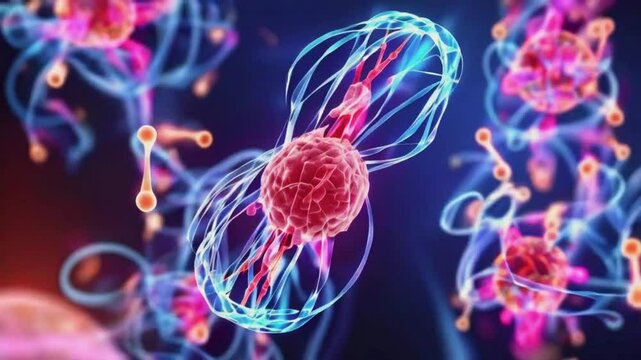 reformation of nuclear envelopes separated chromosomes, end of mitosis. de-condensation into chromatin fibers cell prepares to complete division, 4k High-Quality background Animation Video