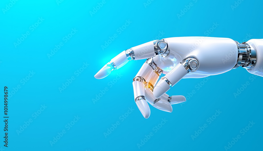 Poster robotic hand reaching out to interact with a glowing object against a blue background