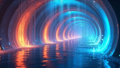 An Abstract Colorful Tunnel of Glowing Curves Reflecting in Water for Artistic and Design Use