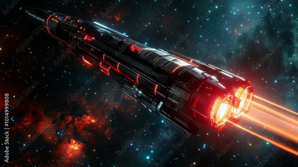 Poster a sleek spacecraft with glowing engines propels through a colorful nebula, illustrating the wonders 