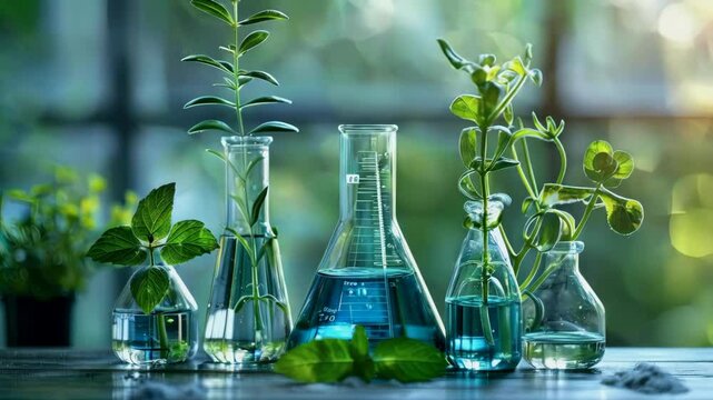 video of Investigation with flasks with plants. Concept of green chemistry