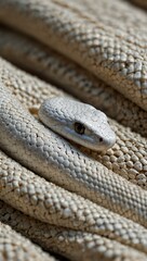 Obraz premium Peaceful close-up view of a white snake resting on textured material.