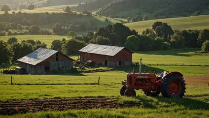Fototapeta premium Peaceful rural scene with tractors and hills.