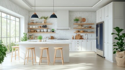 A modern kitchen with white cabinets, wooden shelves, and a white kitchen island with three wooden...