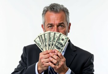 Mature Caucasian Businessman Holding Dollar Bills, Symbolizing Wealth and Financial Success