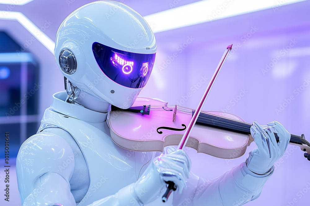 Poster a robot skillfully plays the violin in a futuristic setting with vibrant lighting and technology