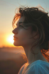 Young woman gazing at sunrise, soft light illuminating her face, serene expression of hope