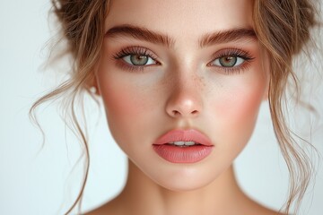 Obraz premium Woman with brown hair and green eyes. beautiful woman with pink lips and nails, a fashion model posing after a manicure on a white background, beauty style concept for the beauty industry