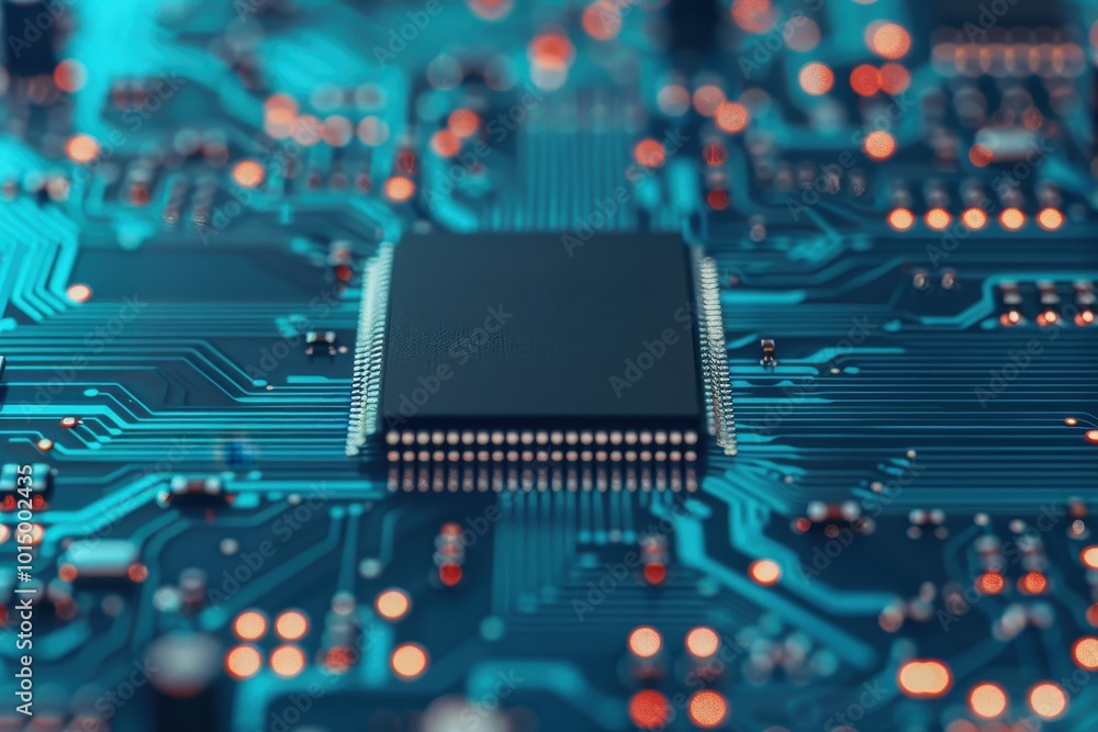 Poster close-up image of a blue electronic circuit board with a central black microchip, showcasing intrica
