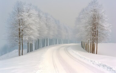 Fototapeta premium Serene snow-covered road amid frosty trees in winter wonderland