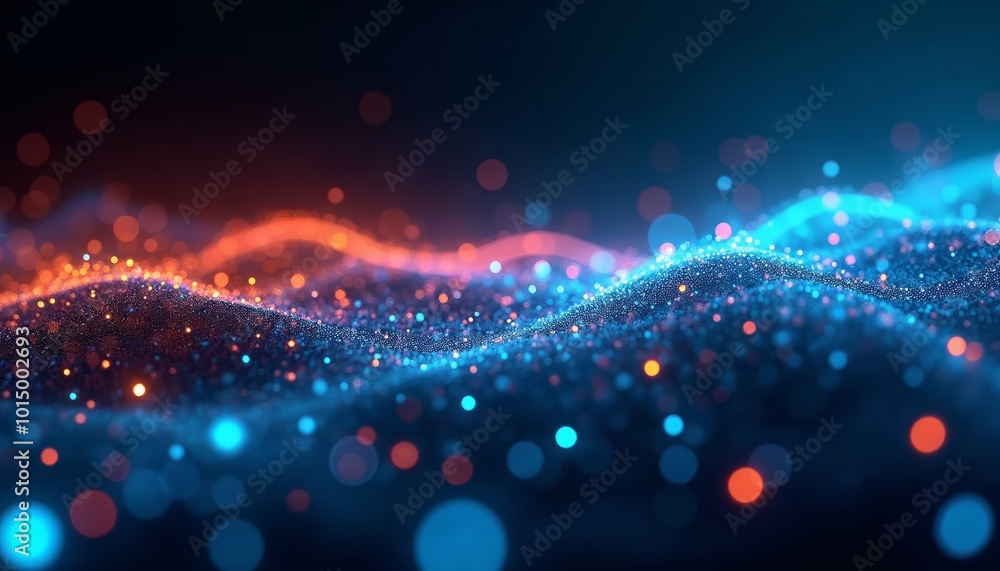 Poster colorful abstract wave with glowing particles and bokeh lights for stunning visuals and backgrounds