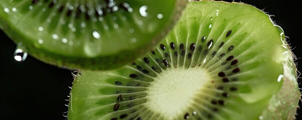 Kiwi slice falling in slow motion, juice droplets suspended around the vibrant green fruit against a black background