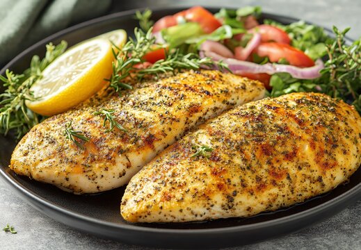 Two grilled chicken breasts on a black plate with a lemon wedge and salad.