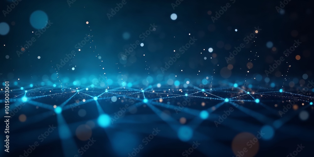 Poster glowing blue abstract background with blurred lights and bokeh effect for tech and digital themes