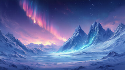 A breathtaking scene of the aurora borealis illuminating a snowy mountain range under a starry night sky.