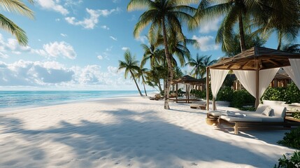 Stunning beachfront hotel with private cabanas, palm trees, and a pristine sandy beach stretching into the horizon