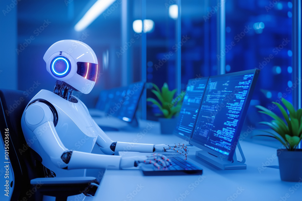Aufkleber robot working at computer desk in a modern office with glowing screens during nighttime
