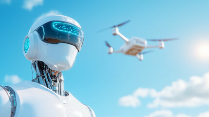 Fototapeta premium A futuristic robot with a sleek design stands outdoors as a drone flies overhead during the day