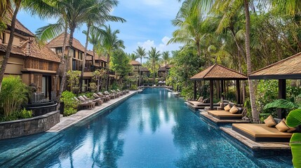 Obraz premium Tropical resort-style hotel surrounded by palm trees, infinity pools, and luxury cabanas by the beach