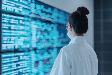A female scientist in a lab coat and mask analyzing data on a large digital screen in a laboratory, symbolizing the integration of technology in scientific research and analysis.