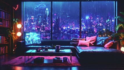 Animated virtual backgrounds, cozy lo-fi futuristic setup sleek desk RGB dual monitor. window city skyline vtuber asset twitch overlay zoom OBS, anime chill hip hop. Cyan purple colours manga style