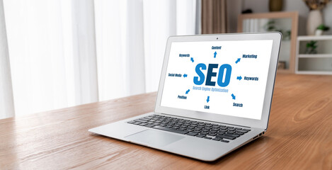 SEO search engine optimization for modish e-commerce and online retail business showing on computer...