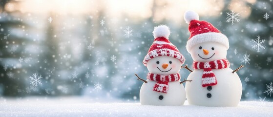 Fototapeta premium Two cute snowmen with red and white hats and scarves, smiling happily in the snowy landscape.