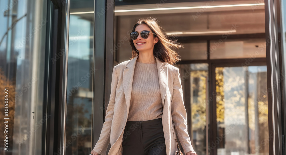 Wall mural smiling businesswoman leaving office building on sunny day