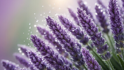Beautiful lavender flowers blooming and sparkling with water drops