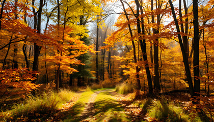 Herbstwald im Sonnenlicht isolated with white highlights, png