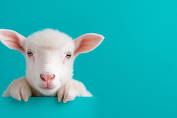 Fototapeta premium Cute white lamb peeking over a bright blue background in a playful setting