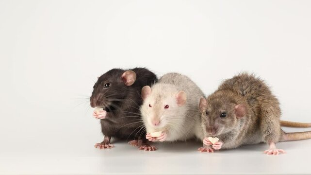 Three colored rats isolated on white background. Mice eat cheese