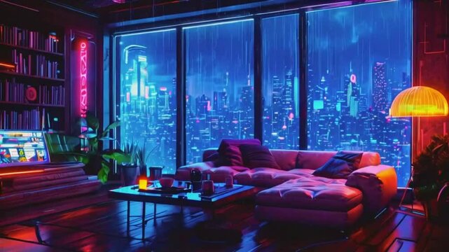 Animated virtual backgrounds, cozy lo-fi anime living room with a cyberpunk aesthetic window vtuber asset twitch overlay zoom OBS, anime chill hip hop. Cyan purple colours manga style