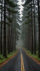 Obraz premium Pine-lined road through foggy woods.