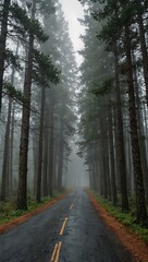 Fototapeta premium Pine-lined road through foggy woods.
