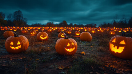 Jack o lantern stands in the middle of the forest. Many glowing pumpkins stand in the middle of the field