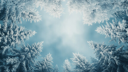 A breathtaking view of a winter forest from below, showcasing the majestic snow-laden trees against a blue sky. The scene evokes a sense of peace and serenity.