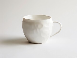 A white ceramic coffee cup with a delicate handle on a white background