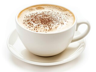 A white coffee cup filled with creamy cappuccino on a white background