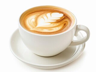 A white coffee cup filled with creamy cappuccino on a white background